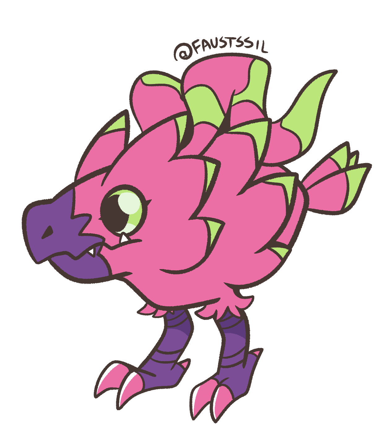 a digital illustration of pomumon, a digimon that resembles a dragonfruit raptor.